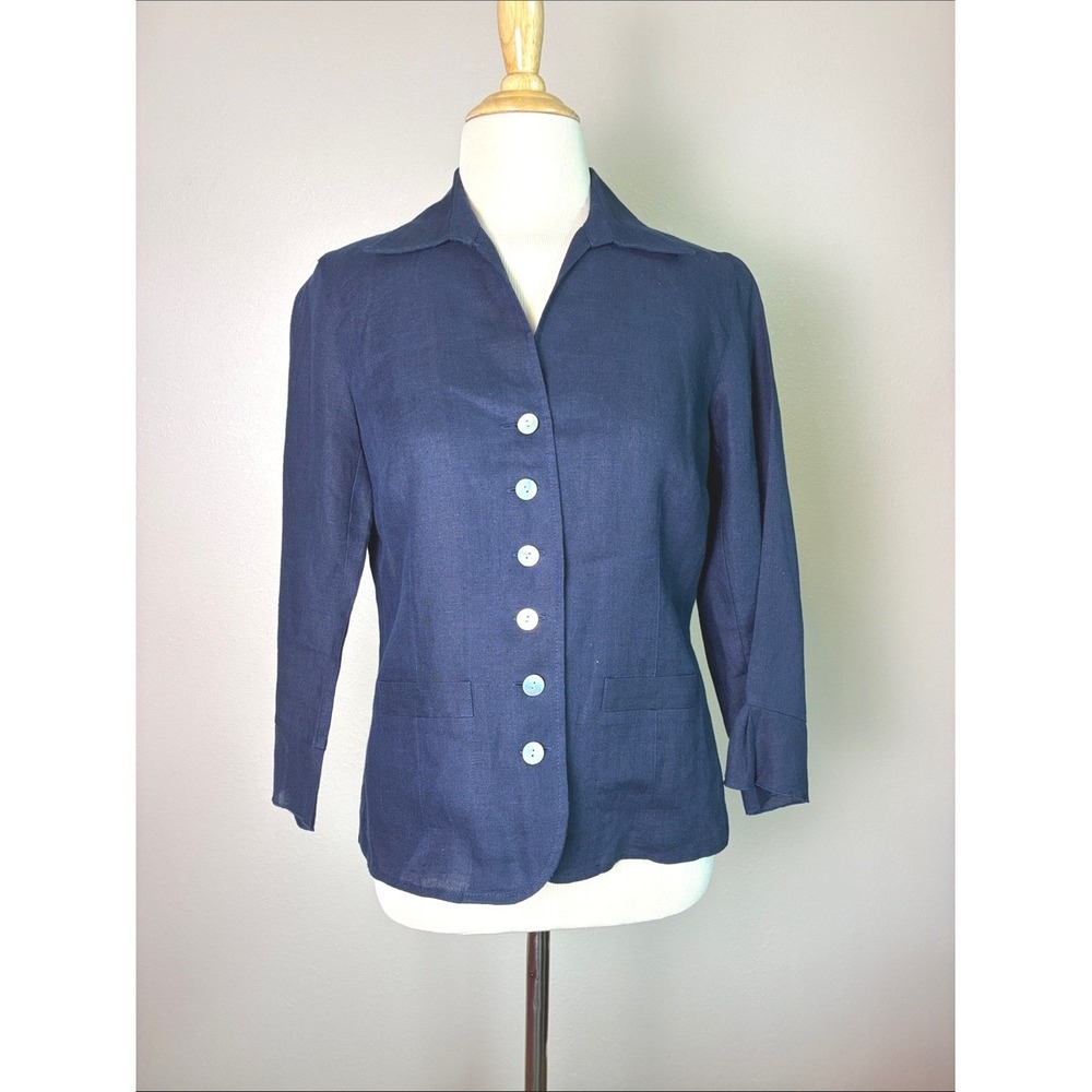 TALBOTS Irish Linen Size 4 Navy Tailored Button Up Top Quiet Luxury Old Money